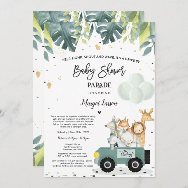 Drive by Baby Shower Einladung Safari Baby Dusche (Vorne/Hinten)