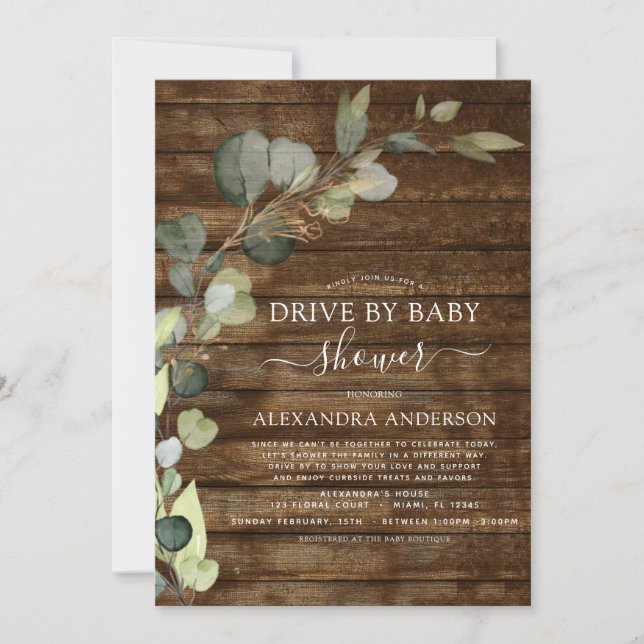 Drive by Baby Shower Greenery Eucalyptus Einladung (Vorderseite)