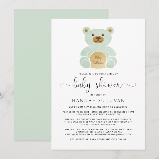 Drive by Baby Shower Teddy Bear Green Gold Minimal Einladung (Vorne/Hinten)