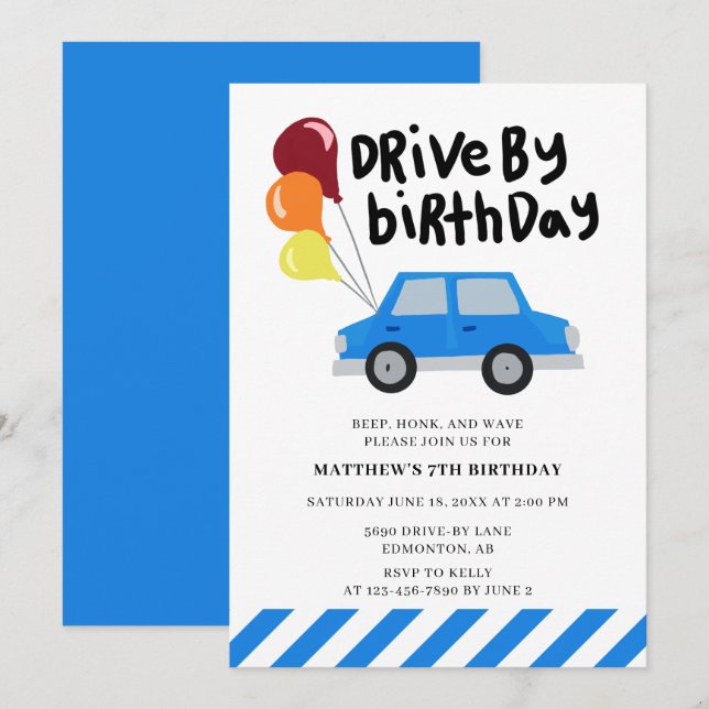 Drive by Birthday Niedlich Blue Car Balloons Einfa Einladung (Vorne/Hinten)