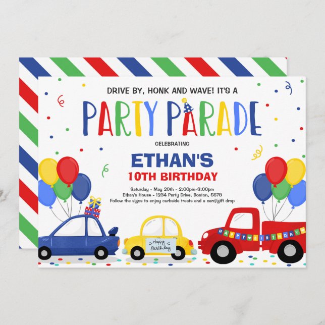 Drive by Birthday Parade Einladung Blue Parade (Vorne/Hinten)