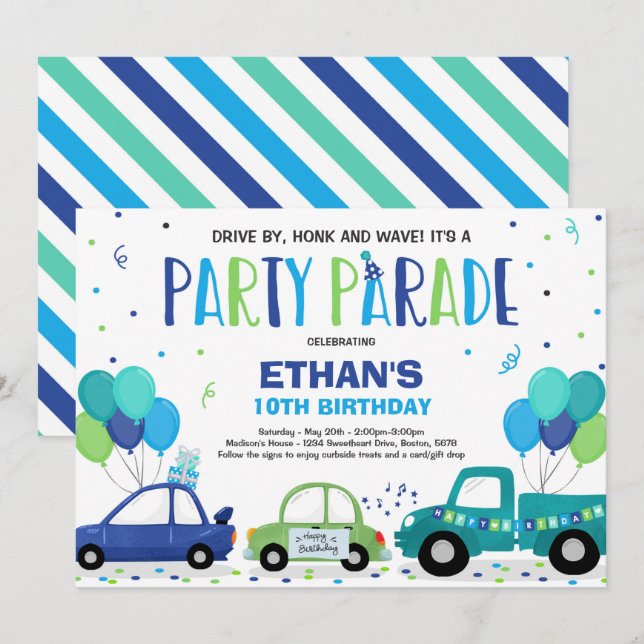 Drive by Birthday Parade Einladung Blue Parade (Vorne/Hinten)