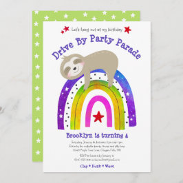 Drive By Birthday Sloth Kawaii Boho Rainbow Modern Einladung