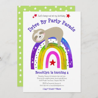 Drive By Birthday Sloth Kawaii Boho Rainbow Modern Einladung