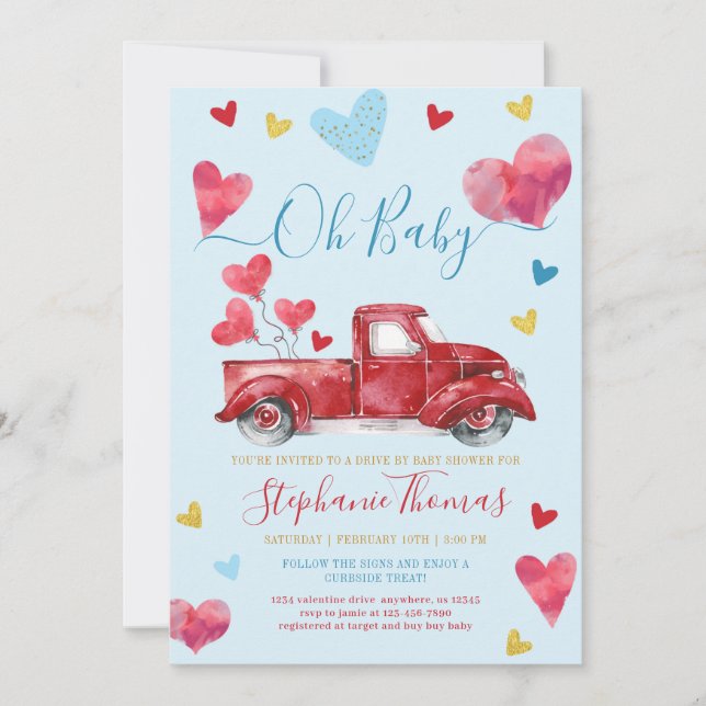 Drive By Boy Valentine Baby Dusche mit Herz Einladung (Vorderseite)