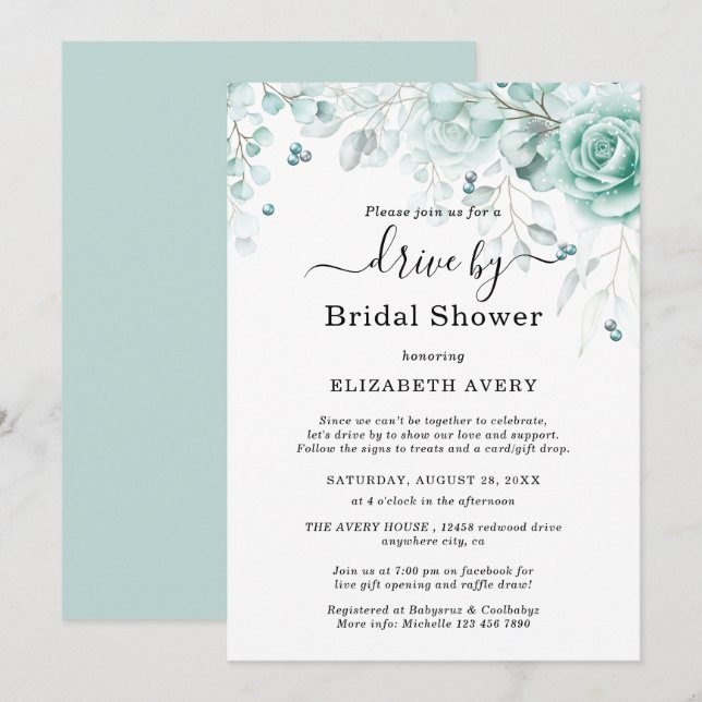 Drive By Brautparty Türkis und Salbei Grüntöne Einladung (Vorne/Hinten)