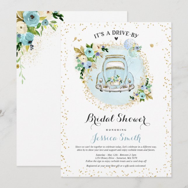 Drive by Bridal Dusche Einladung Blauer Blauer Flu (Vorne/Hinten)
