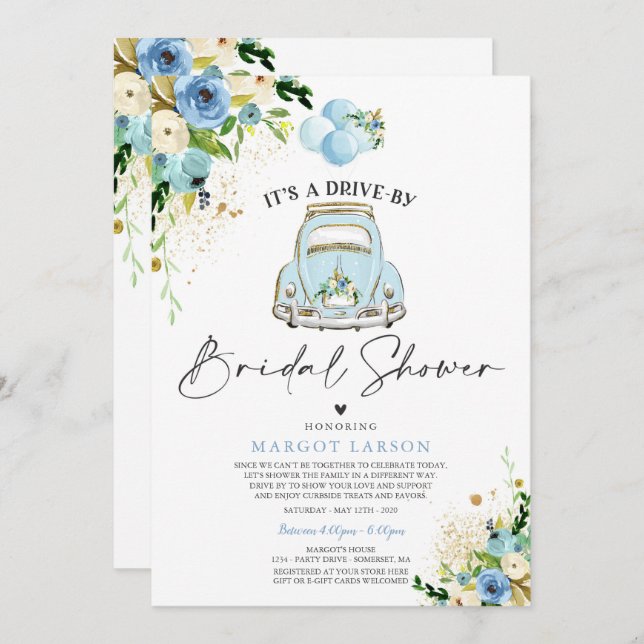 Drive by Bridal Dusche Einladung Blue Floral (Vorne/Hinten)