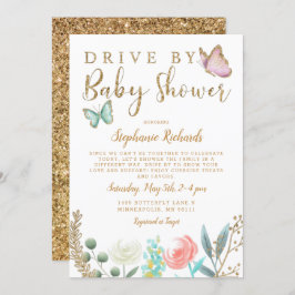 Drive by Butterfly Gold Baby Dusche Einladung