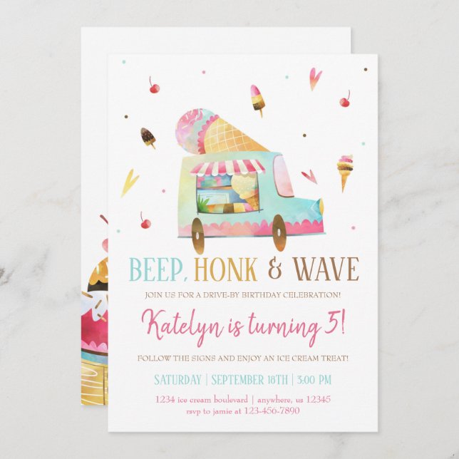 Drive by Ice Cream Geburtstag Einladung (Vorne/Hinten)
