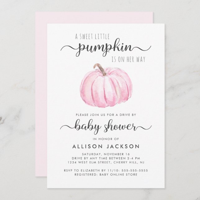 Drive by Pink Pumpkin Wasserfarbe Kindermädchendus Einladung (Vorne/Hinten)