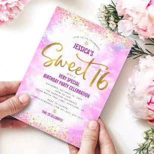 Drive by Sweet 16 Pink Watercolor Gold Geburtstag Einladung