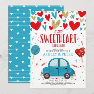 Drive by Valentine Baby Dusche Sweetheart Red Blue Einladung