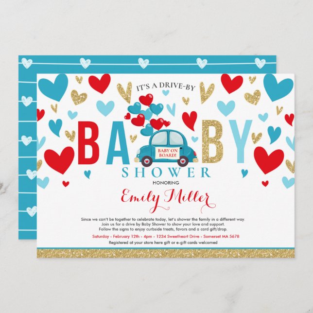 Drive by Valentine Baby Dusche Sweetheart Red Blue Einladung (Vorne/Hinten)
