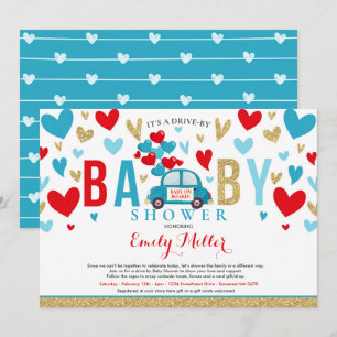Drive by Valentine Baby Dusche Sweetheart Red Blue Einladung