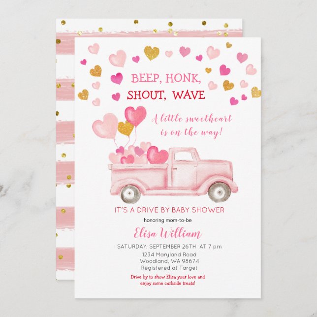 Drive by Valentine Sweetheart Babydusche Einladung (Vorne/Hinten)