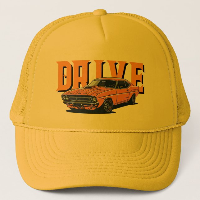 DRIVE – Orange Vintage Auto Mütze (Vorderseite)