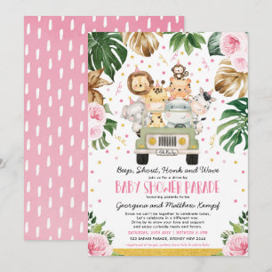 Drive Through Girl Baby Dusche Rosa Floral Safari Einladung