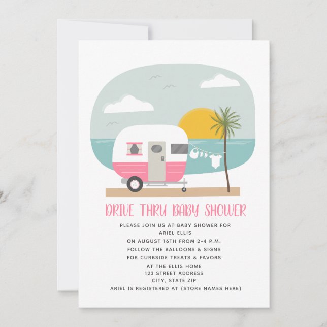 Drive Thru Baby Shower Pink Beach Camper Einladung (Vorderseite)
