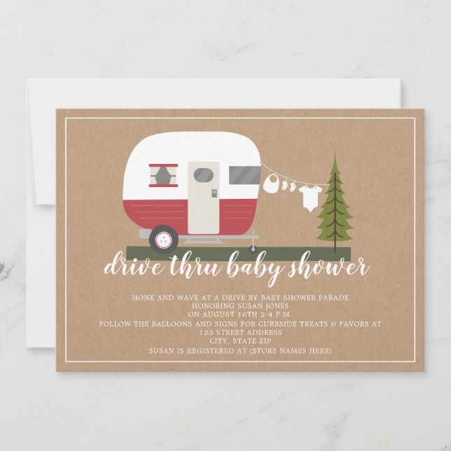Drive Thru Baby Shower Red Camper Woodland Einladung (Vorderseite)