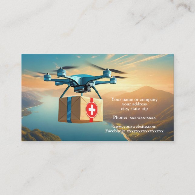 Drohne am Himmel mit einem Paket Visitenkarte (Vorderseite)