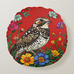 Drossel-Vogel-Wildblumen auf rotem Hintergrund Rundes Kissen