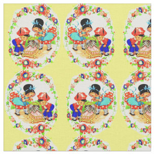 Druck auf Mädchen und Jungen und Kätzchen und Welp Stoff