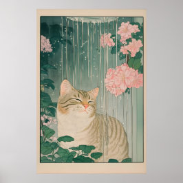 Druck einer getigerten Katze unter der Dusche Ukiy Poster