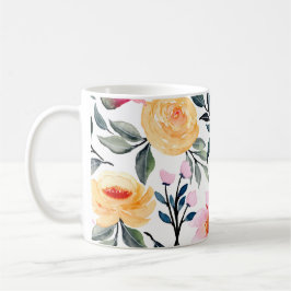 Druck einer Handmalerei aus gemischten Blumen und Kaffeetasse