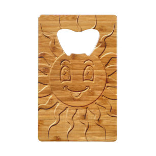 Druck eines lächelnden Sonnengesichts aus Holz Geldbeutel Flaschenöffner