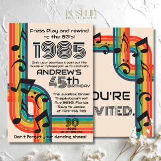 Drück Play & Spul zurück Retro-Kassette 45. Geburt Einladung
