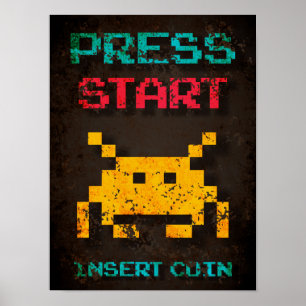 Drück Start Münze einfügen Arcade Pixel Poster
