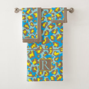Druck und Monogramm aus blauem und braunem Leopard Badhandtuch Set
