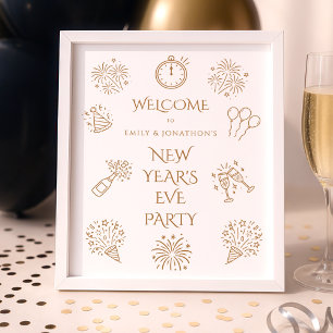 Druckbare Doodles Gold Willkommen zur Neujahrspart Poster