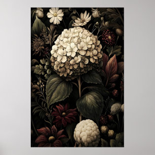 Druckbare Hydrangea-Wandkunst, Antique Dunkel Poster