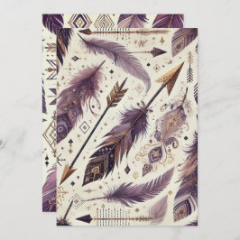 Druckbare Lila- und Goldboho-Pfeile und -Federn Einladung