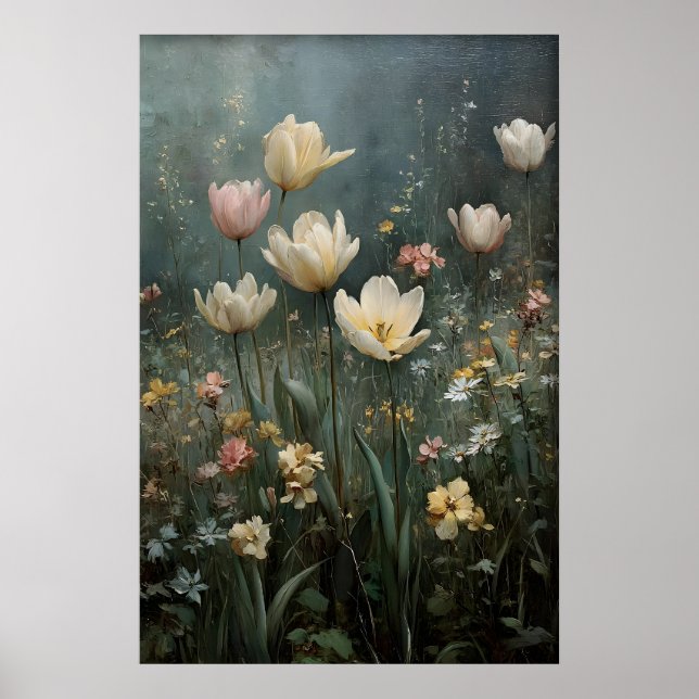 Druckbare Tulpen-Wandkunst, Antike Frühlingswiese Poster (Vorne)