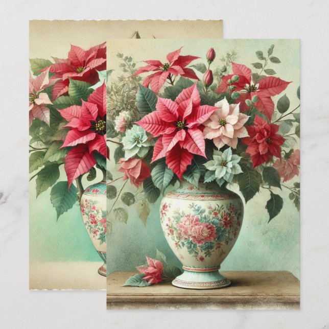Druckbare Vintage Wasserfarbenase der Poinsettia Einladung (Vorne/Hinten)