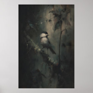 Druckbare Vogel-Wand im dunklen Wald, Moody Woodla Poster