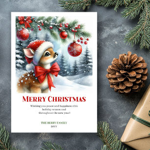 Druckbare Weihnachtsszene mit Babyhirsch im Wasser Feiertagskarte