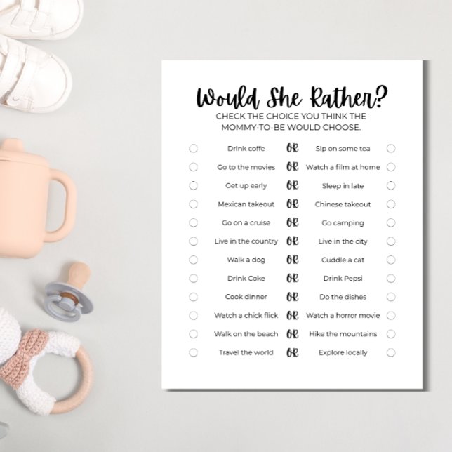 Druckbares Babyshower-Spiel: Würde sie eher?  Briefbogen (Preview of Would She Rather? game)