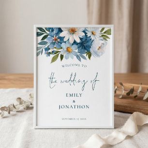 Druckbares blaues florales Willkommensschild zur H Poster