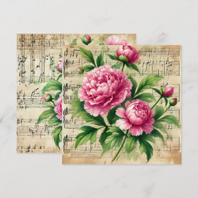 Druckbares Vintages Rosa und grüne Peonies-Scrapbo Einladung (Vorne/Hinten)