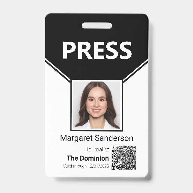 Drücken Sie ID mit Foto und QR Code Abzeichen. Ausweis (Vorderseite)