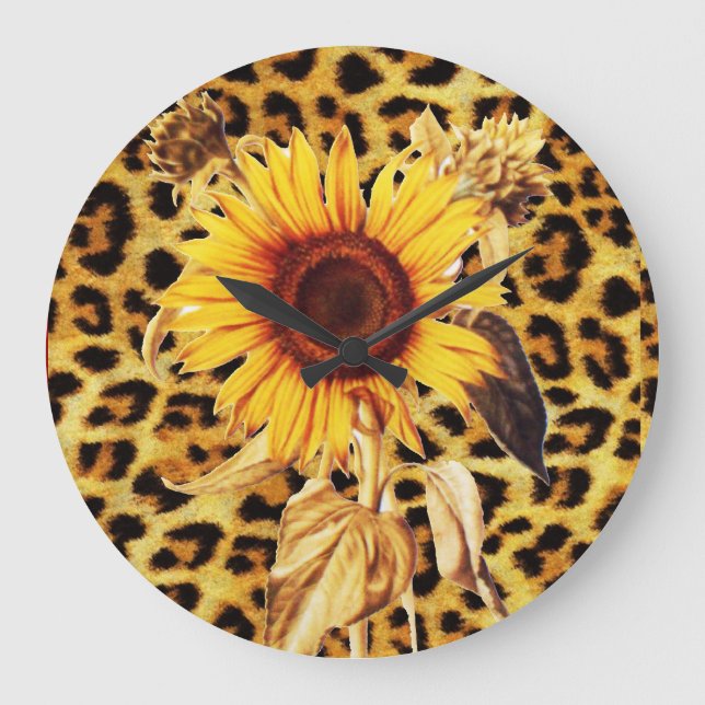 DRUCKER LEOPARFUR UND SUNFLOWER GROßE WANDUHR (Vorderseite)
