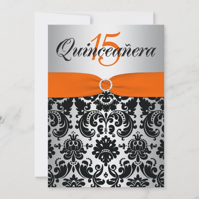 DRUCKER RIBBON Orange Silver Black Quinceanera Einladung (Vorderseite)
