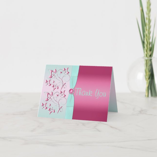 DRUCKER RIBBON Pink, Aqua Floral Danke Karte 2 (Vorderseite)