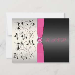 DRUCKER RIBBON Pink Black Silver Floral RSVP Card