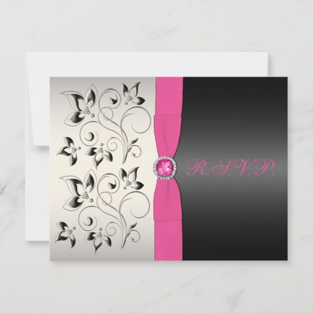 DRUCKER RIBBON Pink Black Silver Floral RSVP Card (Vorderseite)