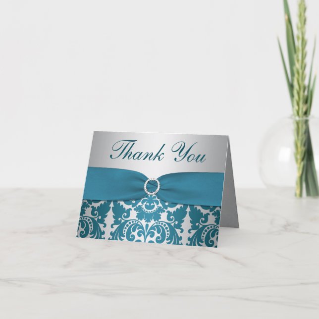 DRUCKER RIBBON Silver, Aquamarin Damask Danke Kart (Vorderseite)